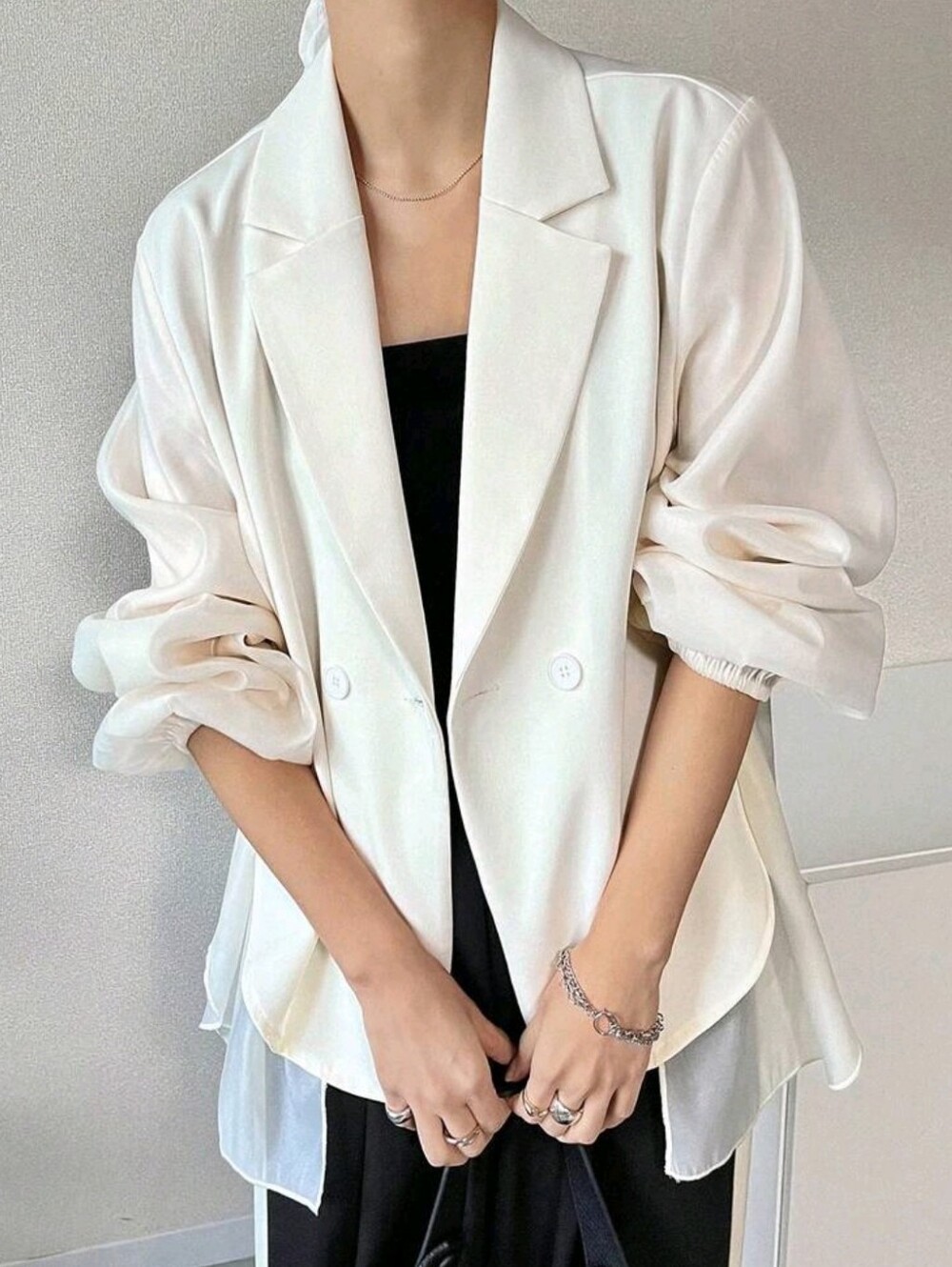 Women's Solid Color Lapel Neck Lantern Sleeve Double-Breasted Casual